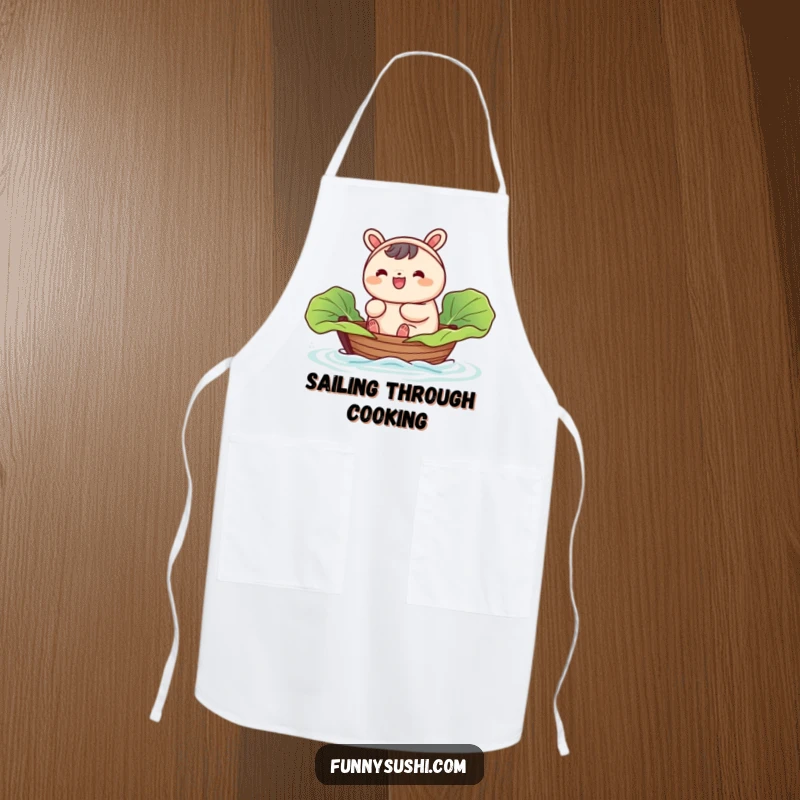 Funny Bao Bun apron, a happy bao bun character sailing in a tiny cabbage leaf boat, ready for culinary quests.