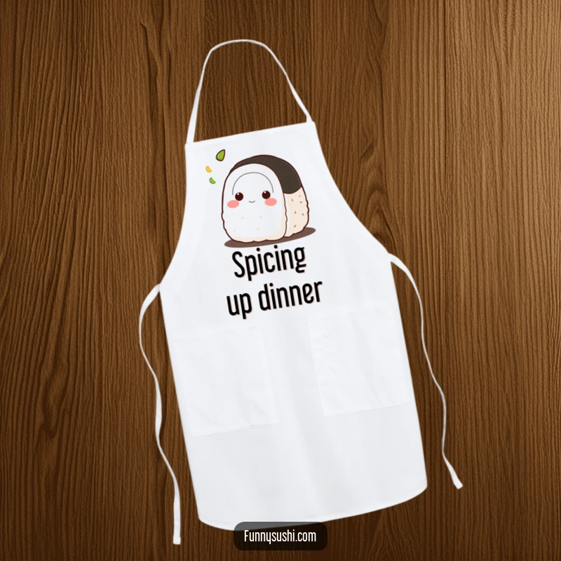 Funny Onigiri apron, depicting a happy rice ball character tossing a tiny dab of wasabi, ready for culinary adventures.