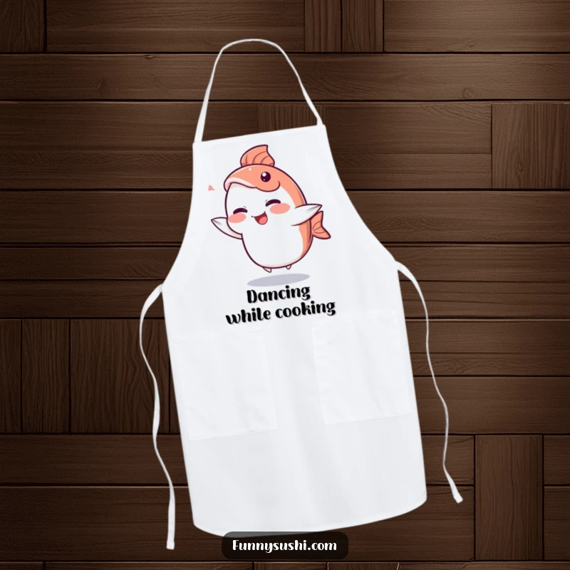 Funny Sashimi Apron: A giggling sashimi slice character dances with its tail fin, ready for a fun cooking session.