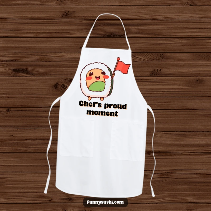 Funny Sushi Nigiri apron, a smiling nigiri character excitedly waving a tiny flag, ready for culinary celebrations.