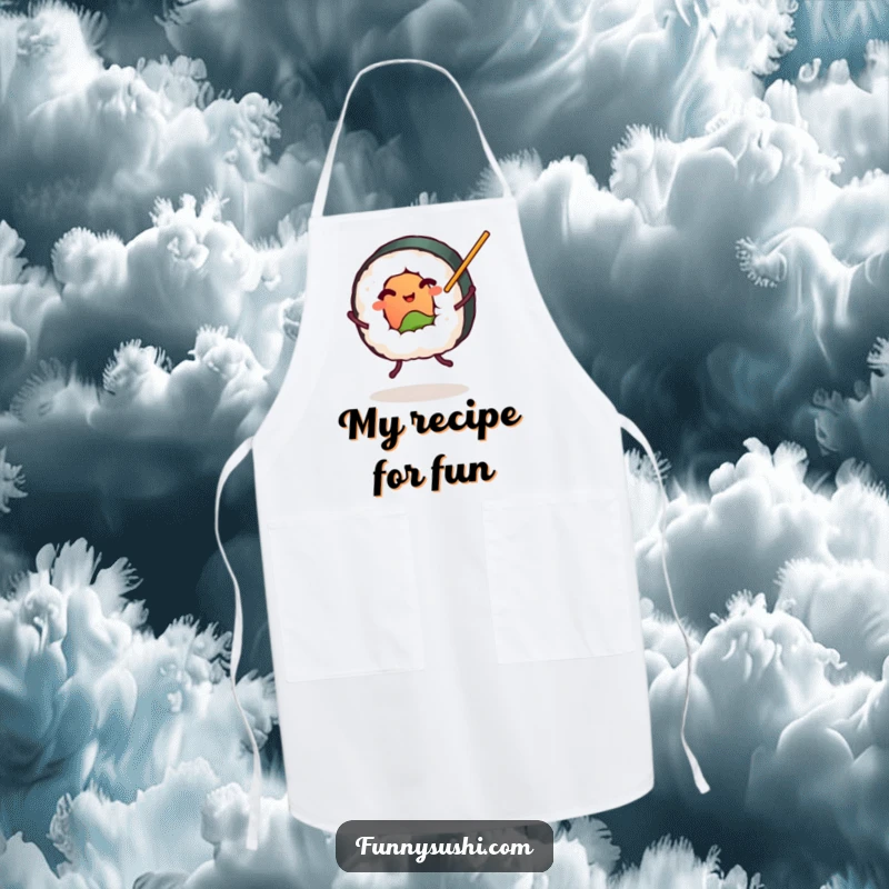 Funny plump sushi roll with tiny legs dancing with chopsticks, foodie kitchen apron, chef accessory, humorous.