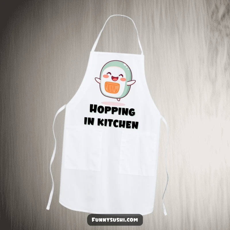 Funny joyful salmon roll character doing a silly hop, printed on a culinary-themed and humorous apron.