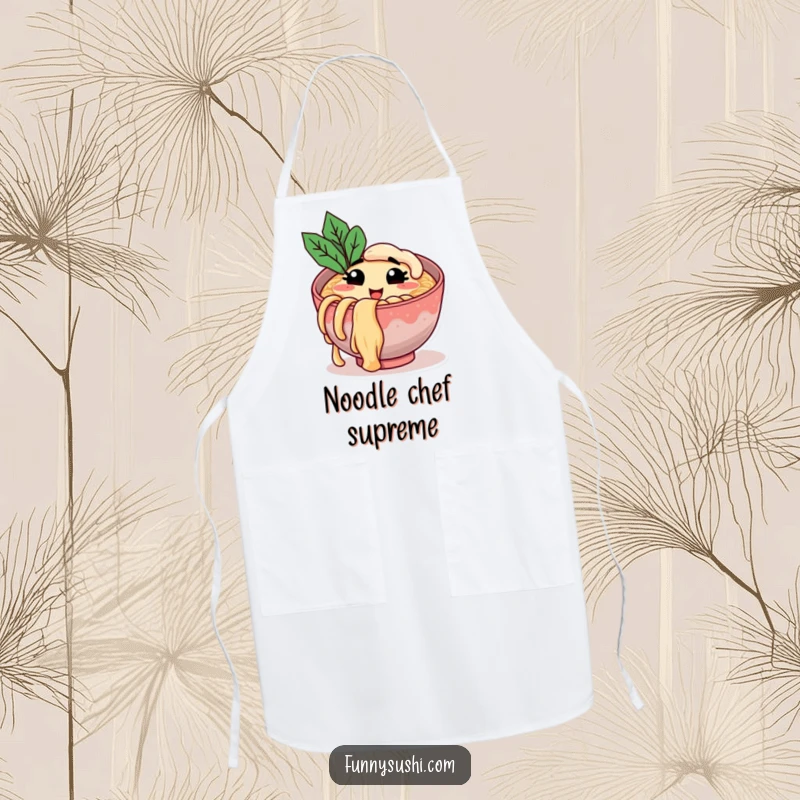 Funny apron featuring a smiling ramen bowl winking while holding a noodle, perfect for cooking and humorous kitchen gifting.