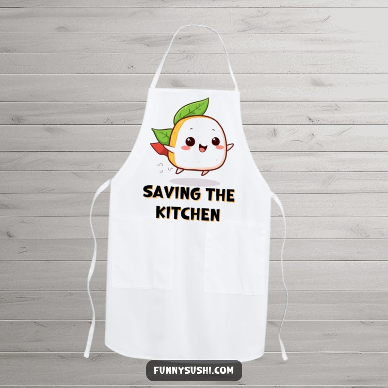 Funny apron showing a happy onigiri with a leaf cape in mid-zoom, ideal for kitchen use and humorous gifting.