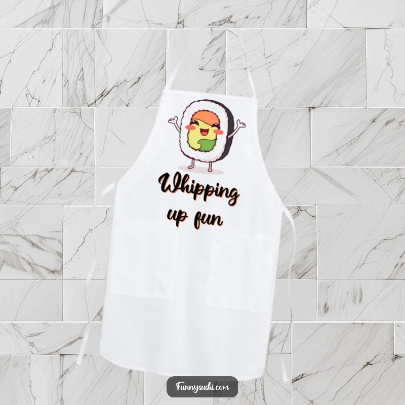 Funny happy sushi roll character doing a jig, printed on a culinary-themed and humorous apron.