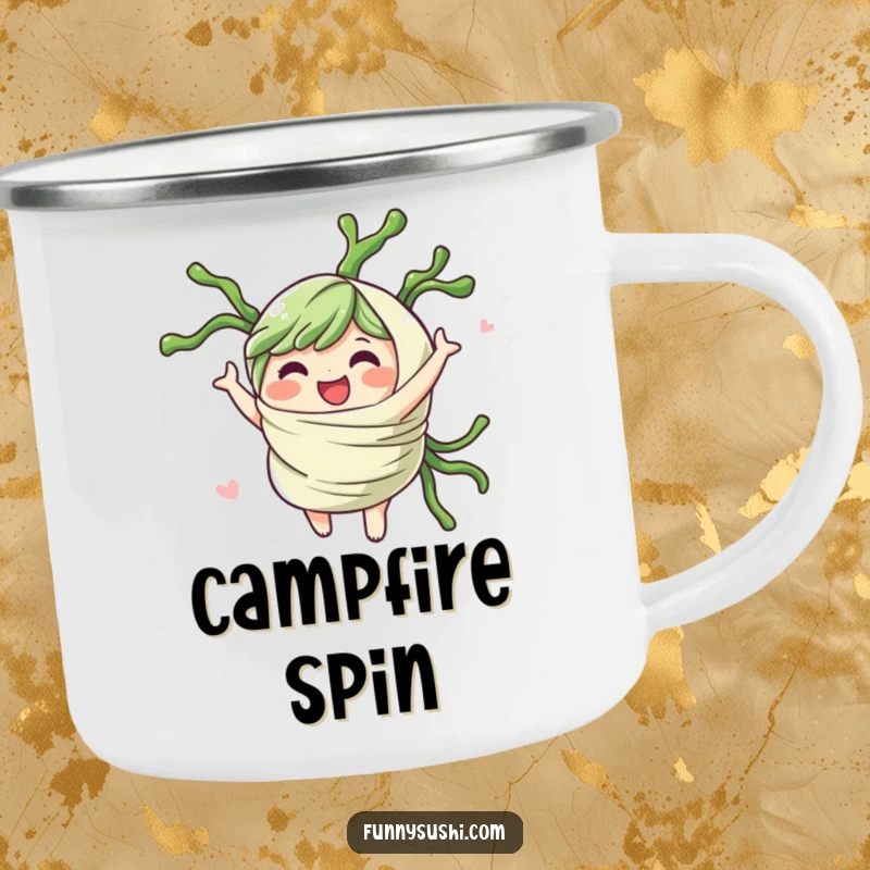 Funny cheerful seaweed wrap character spinning gleefully on a durable enamel camping mug, for outdoor enjoyment.