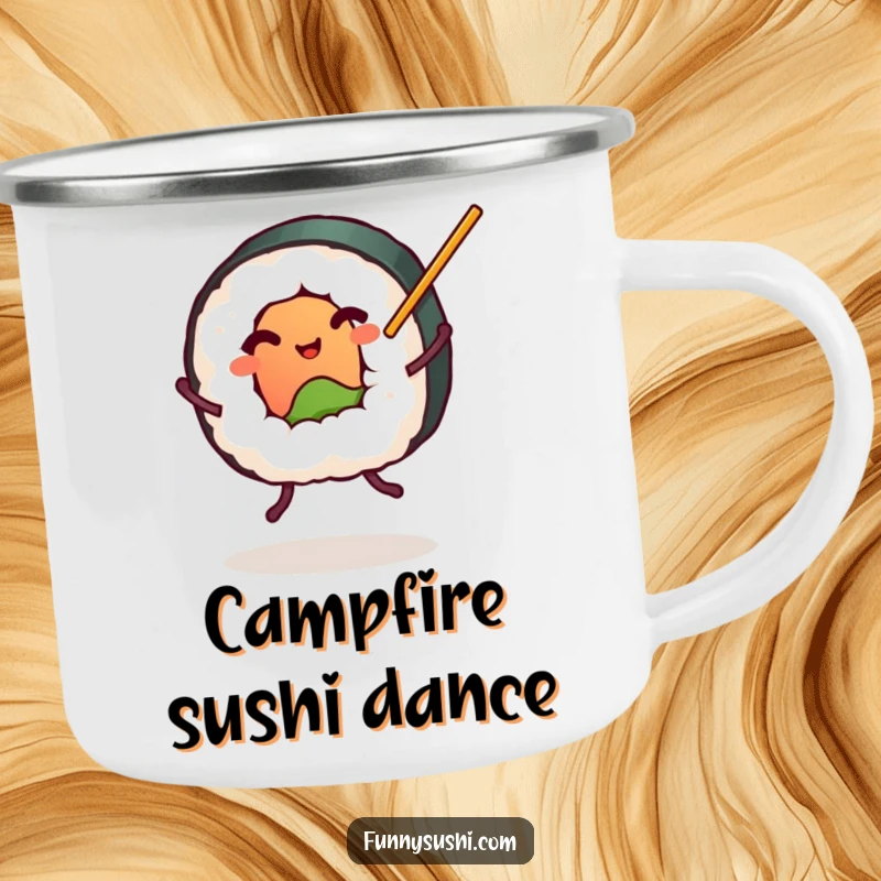 Funny plump sushi roll with tiny legs dancing with chopsticks, enamel camping mug, foodie drinkware, humorous.