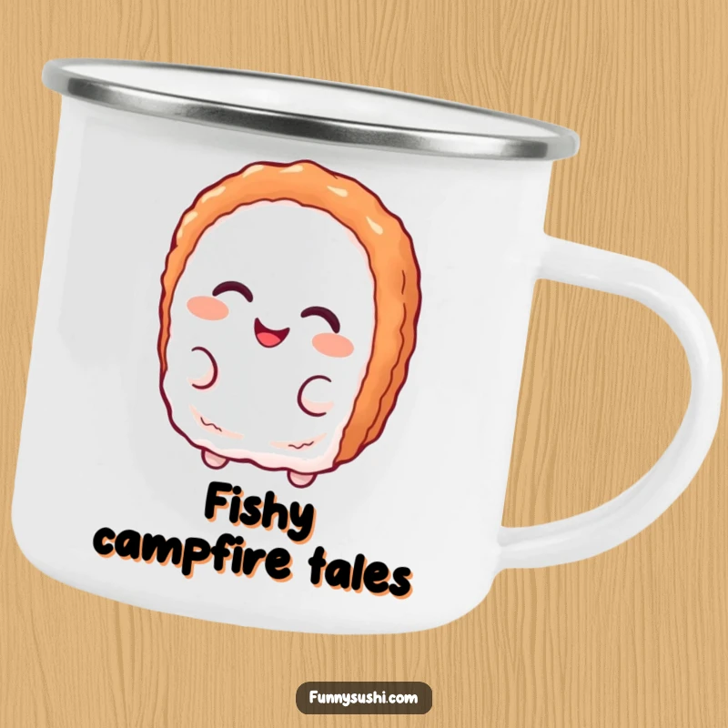 Funny tuna nigiri character with a playful smirk on a durable enamel camping mug, for outdoor enjoyment.