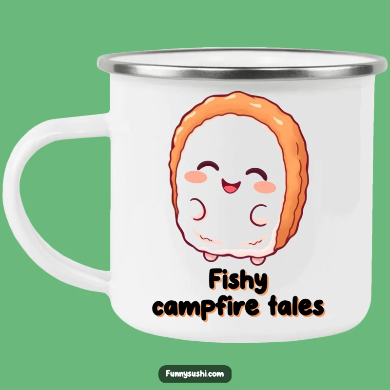 Funny Tuna Nigiri Enamel Mug: Smirking Refreshment Outdoors