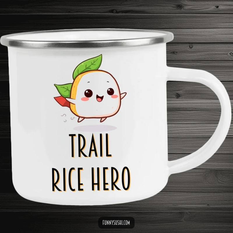Funny camping mug of a zooming onigiri with a leaf cape, durable for adventures and perfect for humorous gifting.