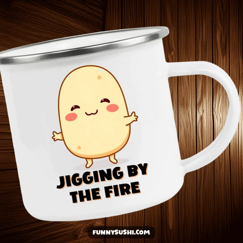 Funny Tamagoyaki Camping Mug: A smiling tamagoyaki character performs a funny jig, perfect for outdoor humor.