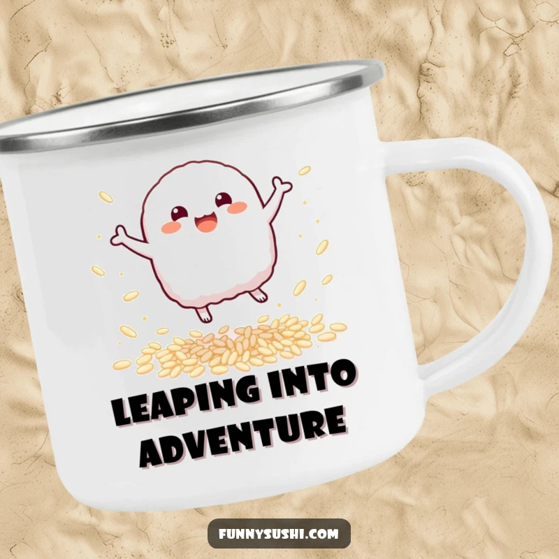 Funny Nigiri Camping Mug: A bouncy nigiri sushi character leaps with delight, perfect for humorous outdoor moments.
