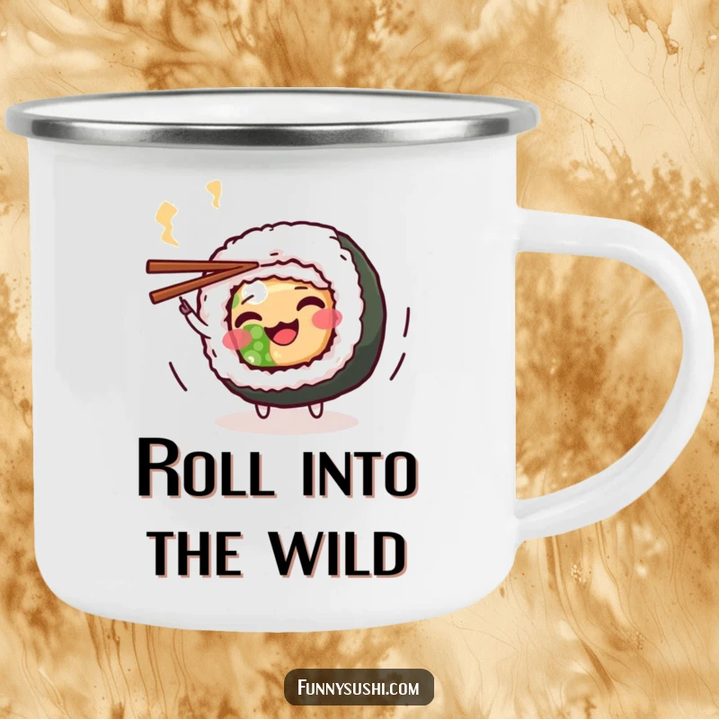 Funny Maki Roll Camping Mug: A wiggling maki roll character spins chopsticks, ready for outdoor fun and drinks.
