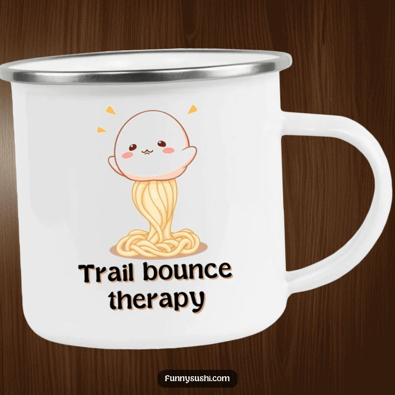 Funny Mochi camping mug, a happy mochi character bouncing on a springy udon noodle, ready for the outdoors.
