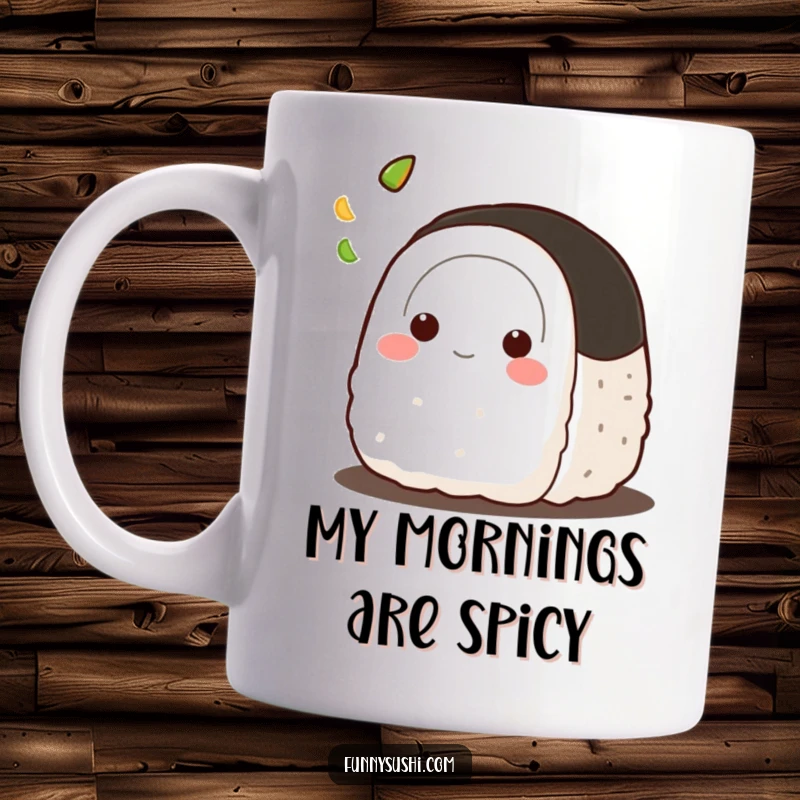 Funny Onigiri mug, playfully tossing a tiny dab of wasabi in the air, looking mischievous and energetic.