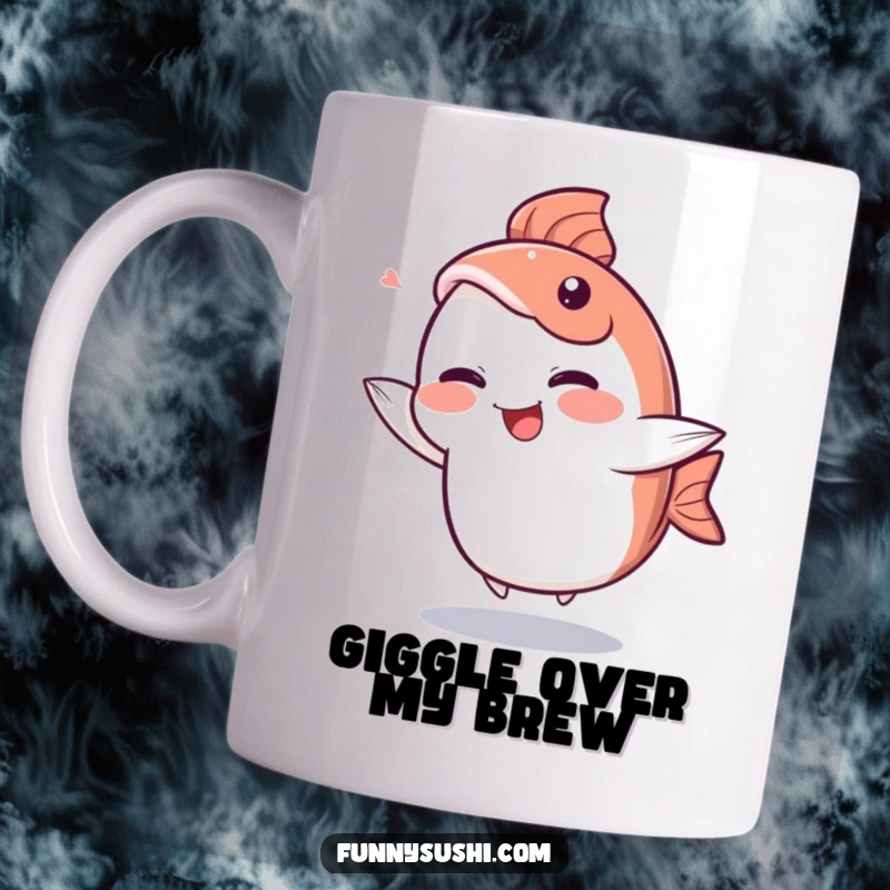 Funny Sashimi Mug: A giggling fish slice character dances playfully using its tail fin.