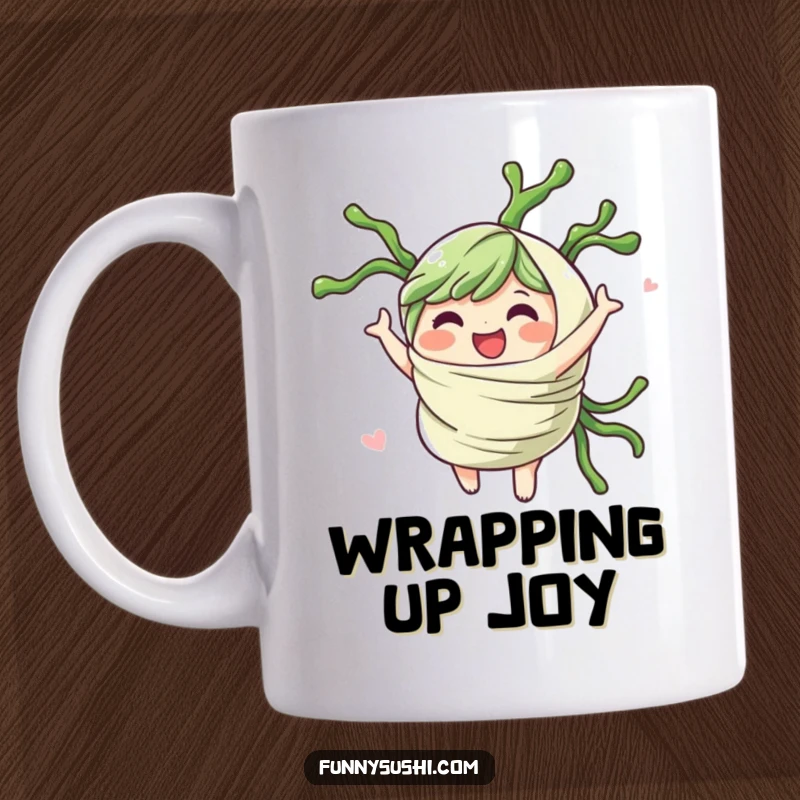 Funny cheerful seaweed wrap character spinning gleefully, printed on a vibrant and humorous mug.