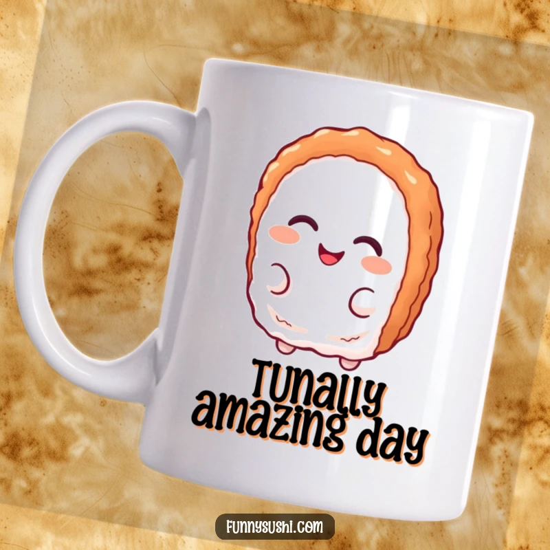 Funny delighted tuna nigiri character with a playful smirk, printed on a mug for sushi lovers.