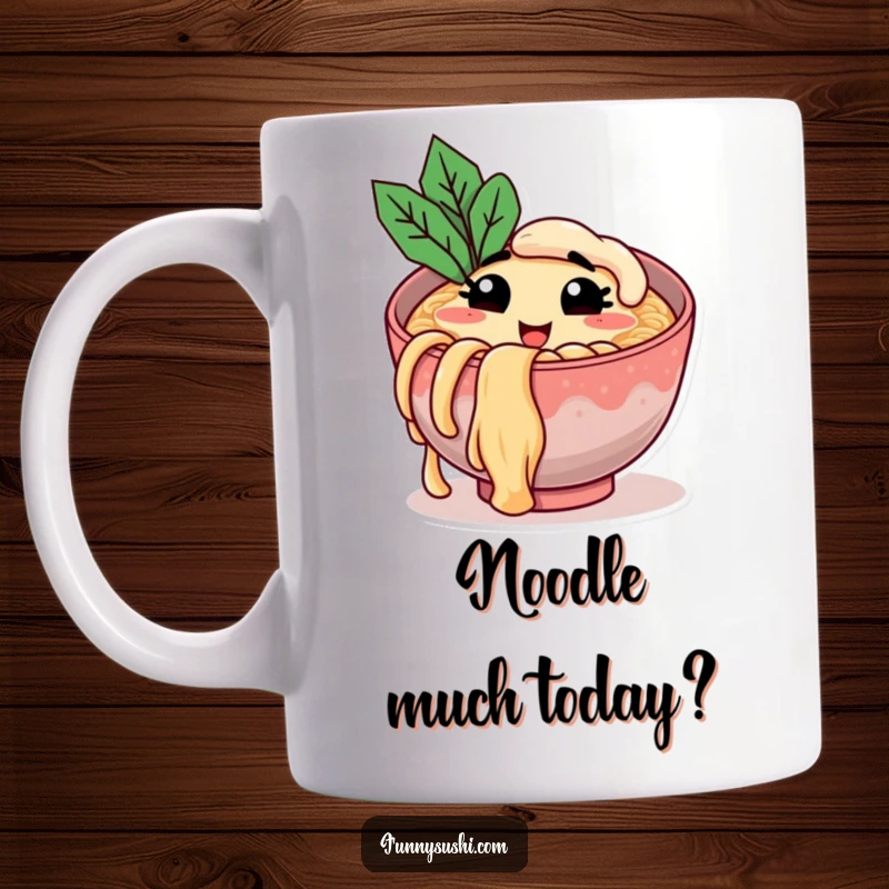 Funny mug featuring a smiling ramen bowl winking and holding a giant noodle, perfect for noodle lovers and gift-givers.