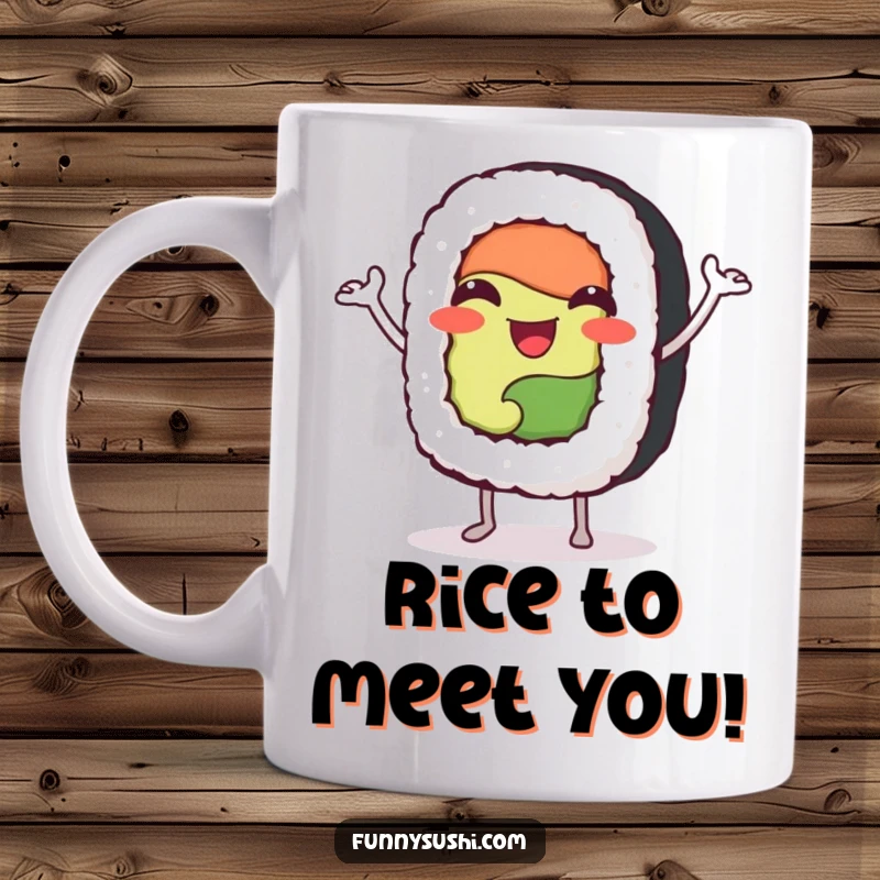 Funny happy sushi roll character with tiny arms performing a joyful jig, printed on a cheerful mug.