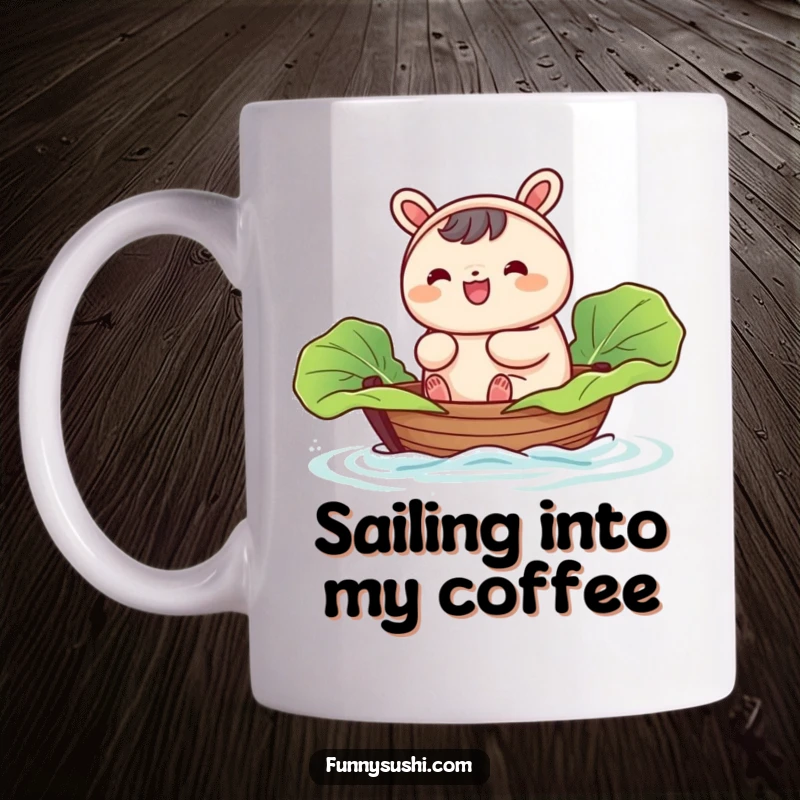 Funny Bao Bun mug, a happy character joyfully sailing in a tiny boat made from a cabbage leaf, looking content.