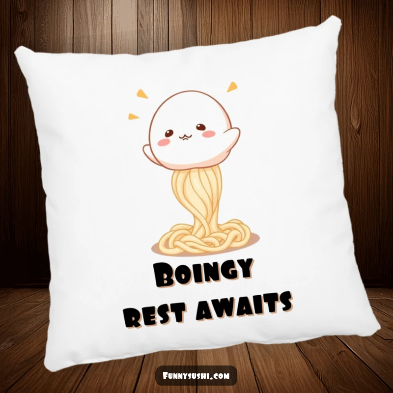 Funny Mochi pillow, a cute mochi character bouncing on a springy udon noodle, offering plush, huggable fun.