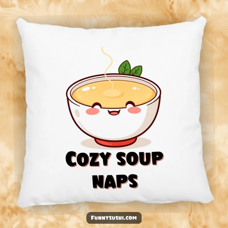 Funny cheerful miso soup bowl with happy face spilling broth playfully, cute comfort food pillow, decorative cushion, humorous.