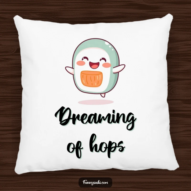 Funny salmon roll character doing a silly hop, designed for a soft, decorative, and humorous pillow.