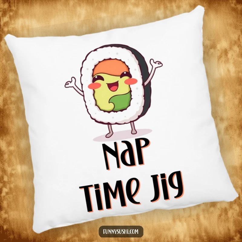 Funny sushi roll character doing a joyful jig, designed for a soft, decorative, and humorous pillow.