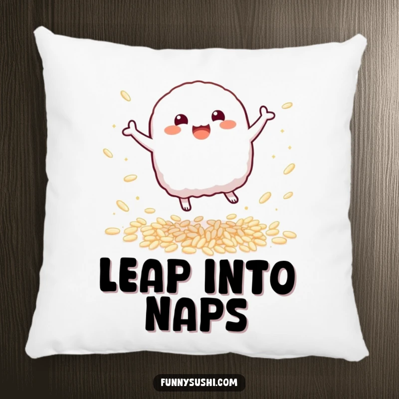 Funny Nigiri Pillow: A bouncy nigiri sushi character leaps with delight, adding soft and humorous cheer.