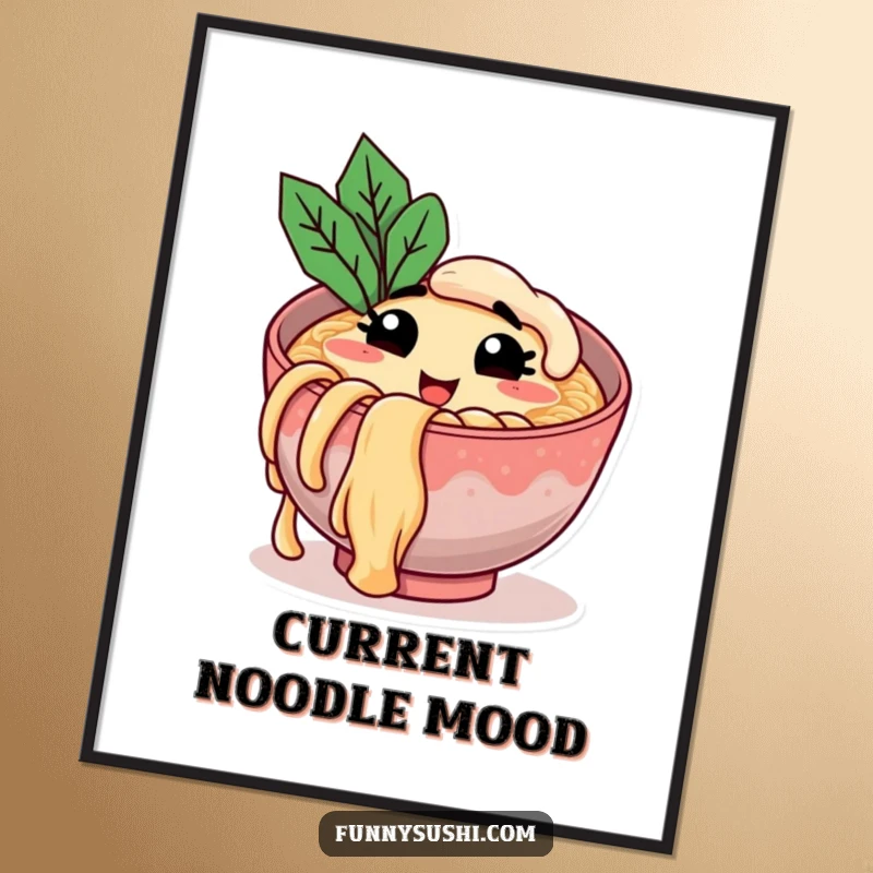 Funny digital art print of a smiling ramen bowl winking and holding a noodle, perfect for instant download and humorous decor.