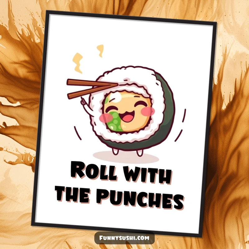 Funny Maki Roll Digital Art: A wiggling maki roll character spins chopsticks, a vibrant and funny downloadable artwork.