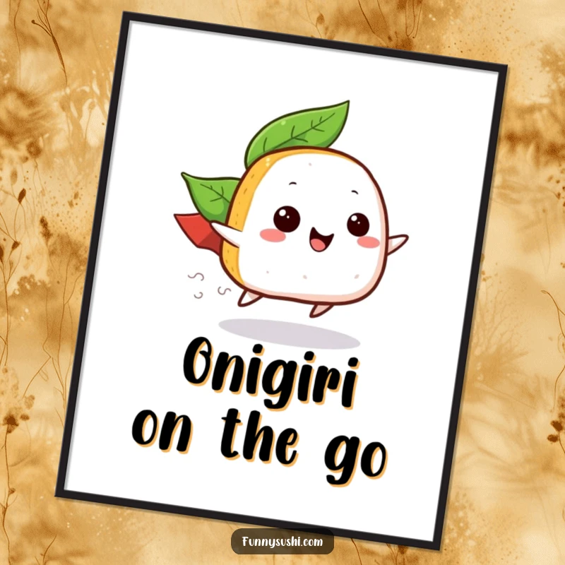 Funny digital art print of a happy onigiri with a leaf cape zooming, ideal for instant download and humorous decor.