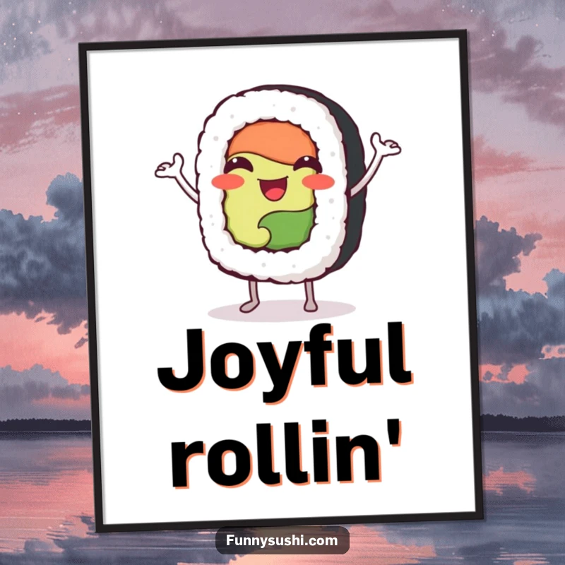 Funny happy sushi roll character doing a joyful jig, available as a high-resolution digital art print.
