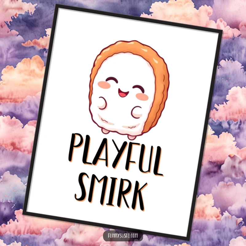 Funny delighted tuna nigiri character with a playful smirk, available as a high-quality digital art print.