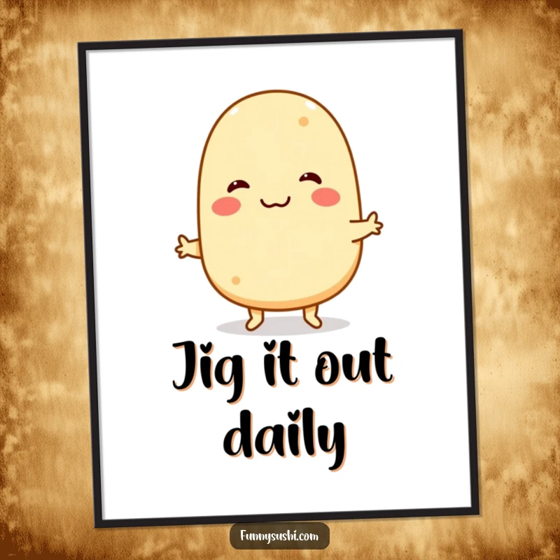 Funny Tamagoyaki Digital Art: A smiling tamagoyaki character performs a funny jig, a downloadable piece of humorous decor.