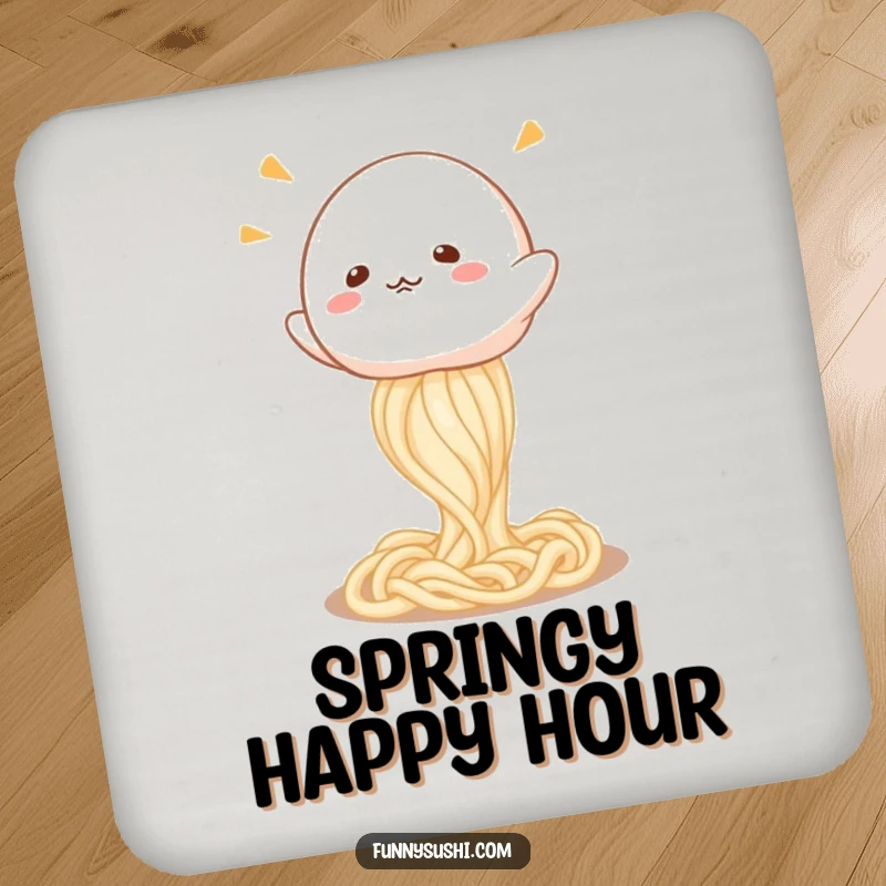 Funny Mochi coaster, a cute mochi character bouncing on a springy udon noodle, protecting your table with joy.