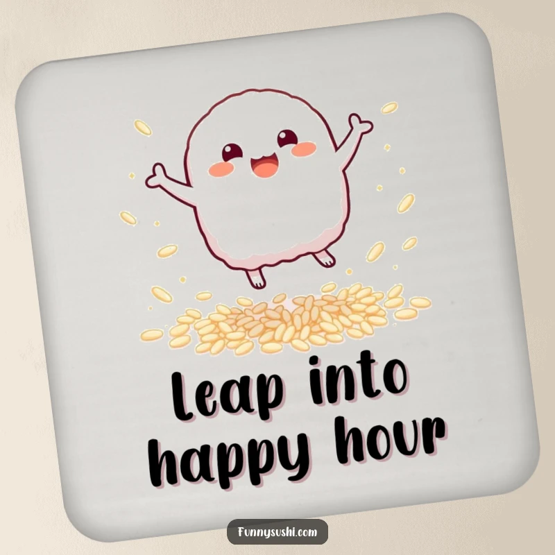 Funny Nigiri Drink Coaster: A bouncy nigiri sushi character leaps amid sparkling rice, protecting surfaces humorously.