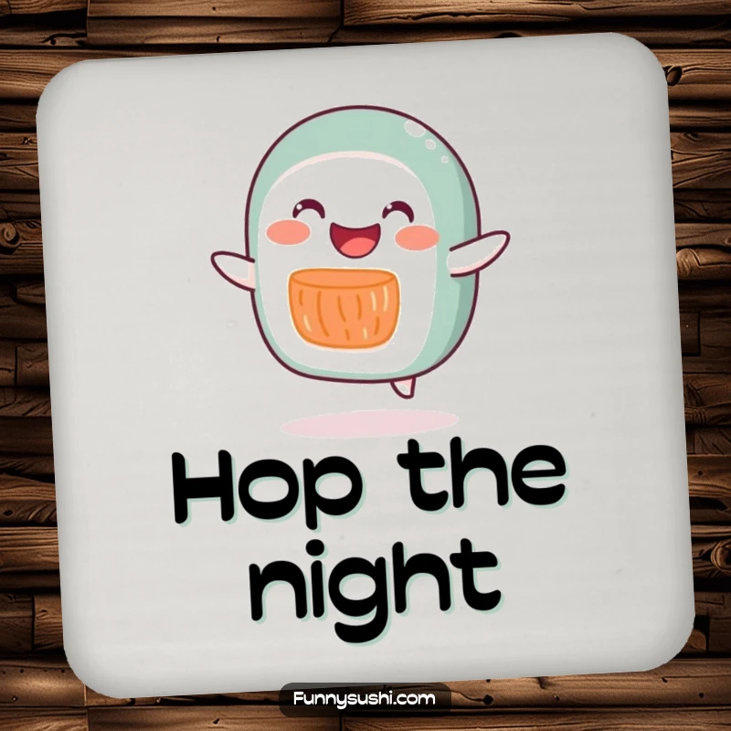 Funny salmon roll character doing a silly hop, printed on protective drink coasters for a fun and humorous accent.
