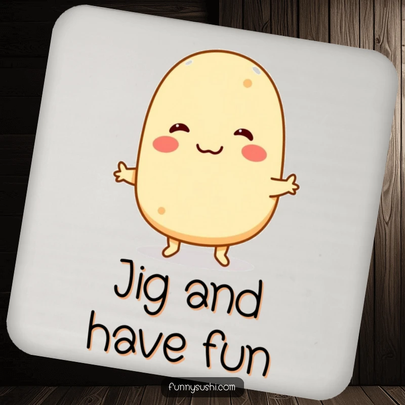 Funny Tamagoyaki Drink Coaster: A smiling tamagoyaki character does a funny jig, protecting surfaces with humor.