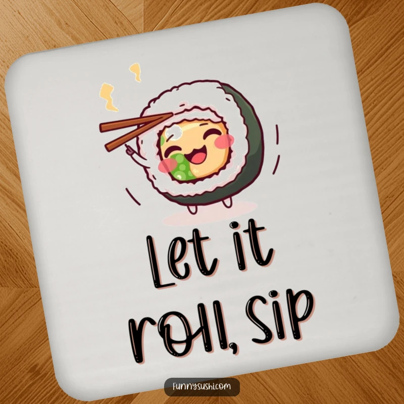 Funny Maki Roll Drink Coaster: A cute maki roll character spins chopsticks, protecting surfaces humorously.