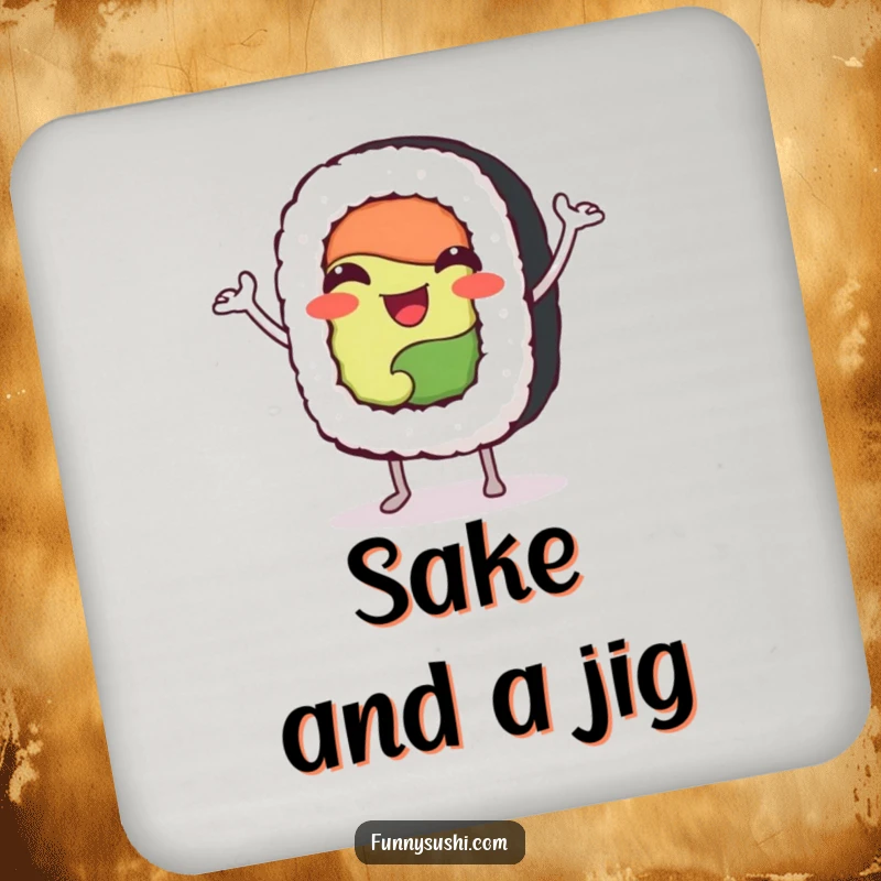 Funny sushi roll character doing a jig, printed on protective drink coasters for a fun and humorous home accent.