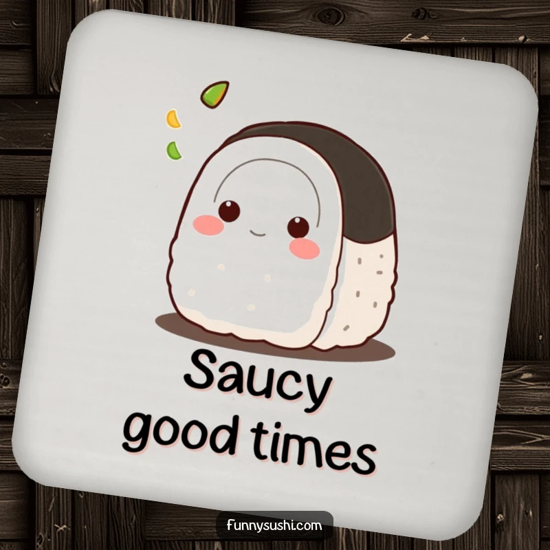 Funny Onigiri coaster, a cute rice ball character playfully tossing a tiny dab of wasabi, adding humor to your table.