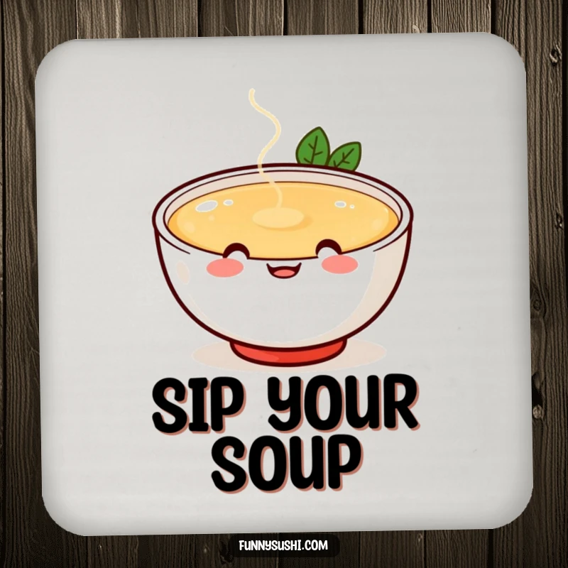 Funny cheerful miso soup bowl with happy face spilling broth playfully, set of coasters, foodie drinkware protection, humorous.