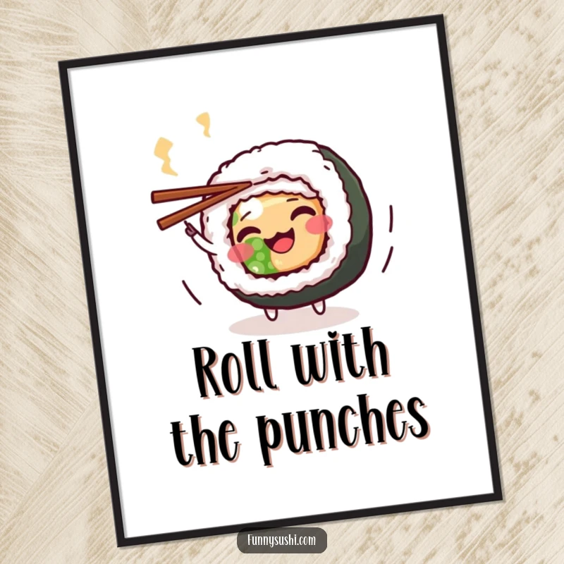 Funny Maki Roll Poster: A dynamic maki roll character performs a playful spin with chopsticks, perfect wall art.