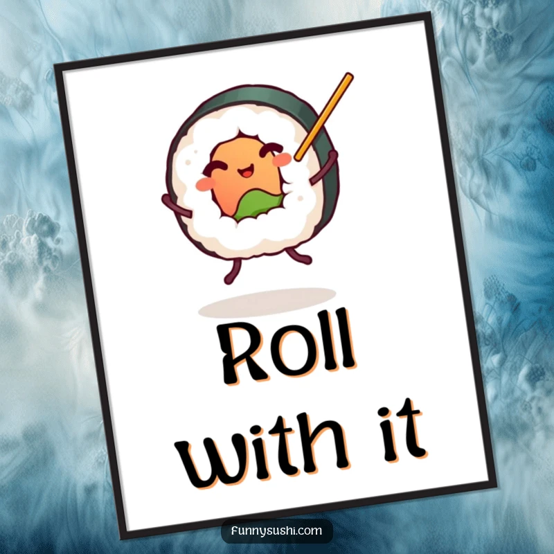 Funny plump sushi roll with tiny legs dancing with chopsticks, food themed art print, cute and humorous decor.