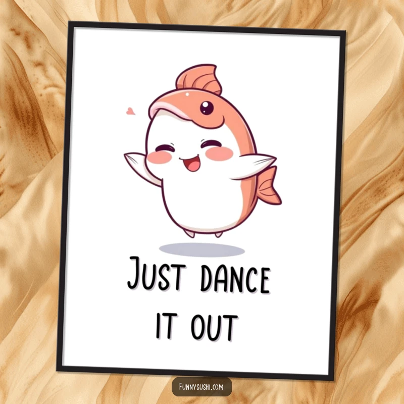 Funny Sashimi Poster: A giggling sashimi slice character does a silly dance with its tail fin, humorous decor.