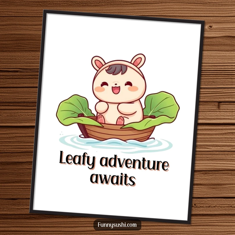 Funny Bao Bun poster, a happy bao bun character enjoying a ride in a tiny boat made from a cabbage leaf.