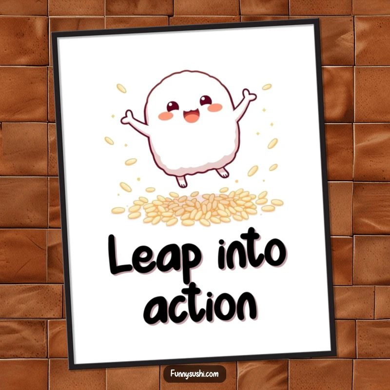 Funny Nigiri Poster: A bouncy nigiri sushi character leaps with delight among sparkling rice grains, joyful decor.