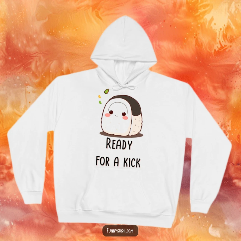 Funny Onigiri hoodie, depicting a cute rice ball character energetically tossing a small amount of wasabi into the air.